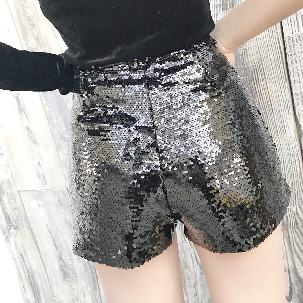 Drune | Pailletten Shorts Hohe Taille Oring Reißverschluss Front Bodycon