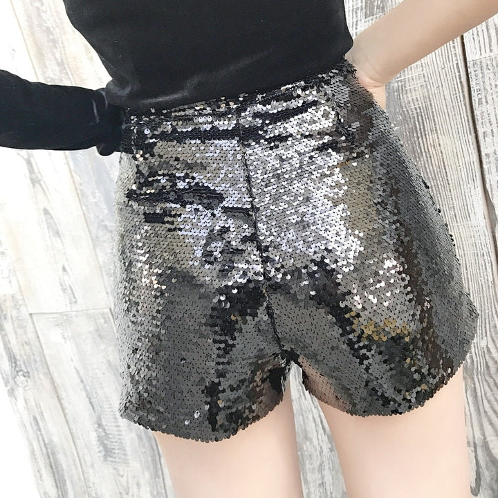 Drune | Pailletten Shorts Hohe Taille Oring Reißverschluss Front Bodycon