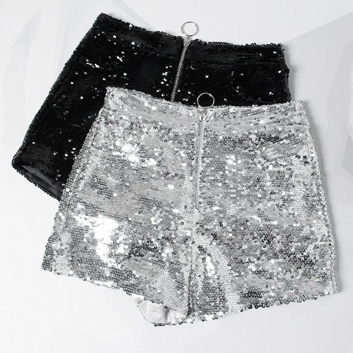 Drune | Pailletten Shorts Hohe Taille Oring Reißverschluss Front Bodycon