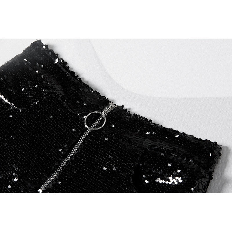 Drune | Pailletten Shorts Hohe Taille Oring Reißverschluss Front Bodycon