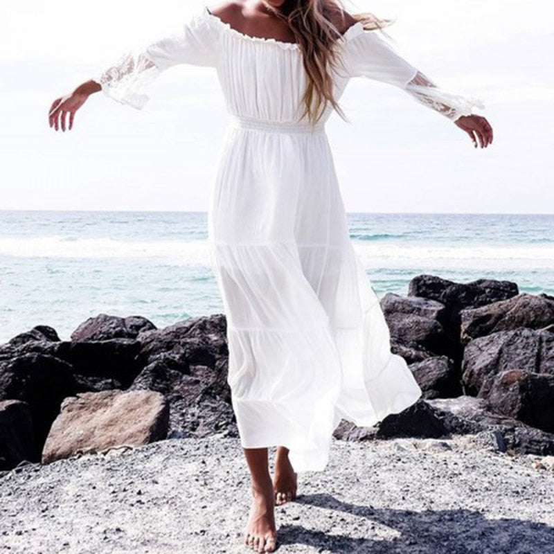 Drune | Schulterfreies Weißes Spitzen Sommerkleid