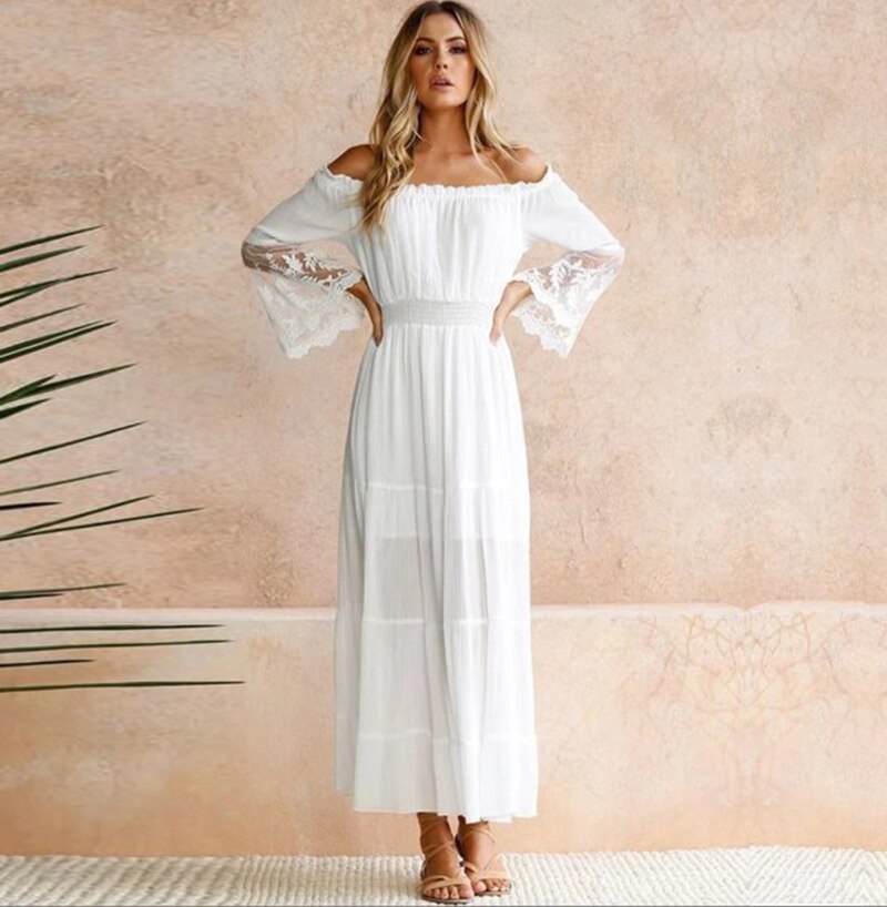 Drune | Schulterfreies Weißes Spitzen Sommerkleid