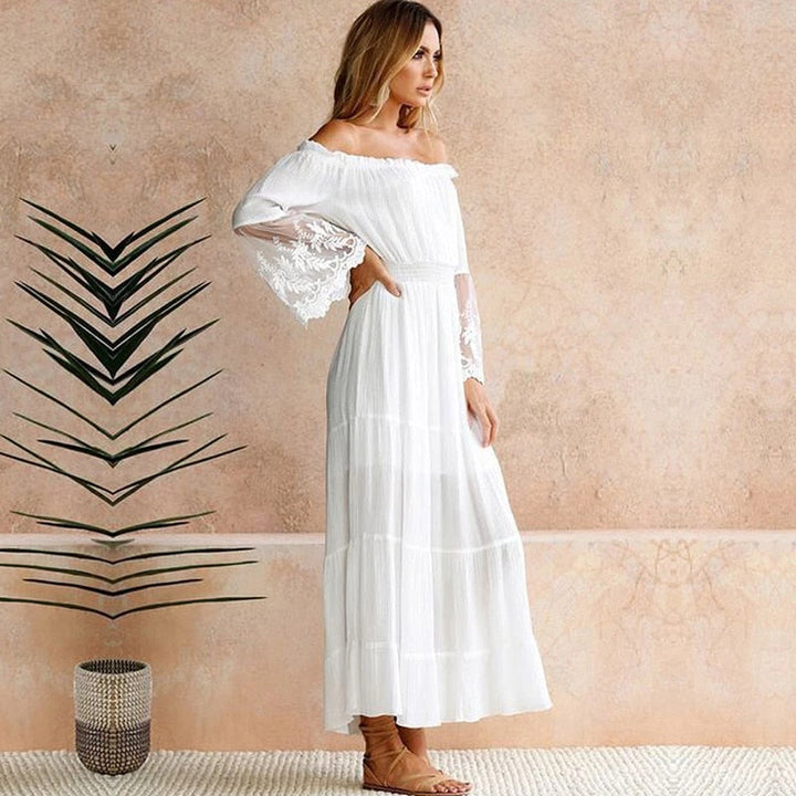 Drune | Schulterfreies Weißes Spitzen Sommerkleid