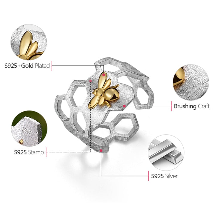 Drune | Kleine Biene 18k vergoldete Waben offene Ringe