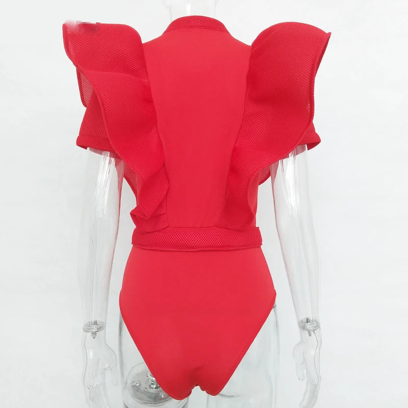 Drune | Freizeit schwarzes Rüschenschnitt Ausschnitt Kurzarm Frauen Bodysuit Top