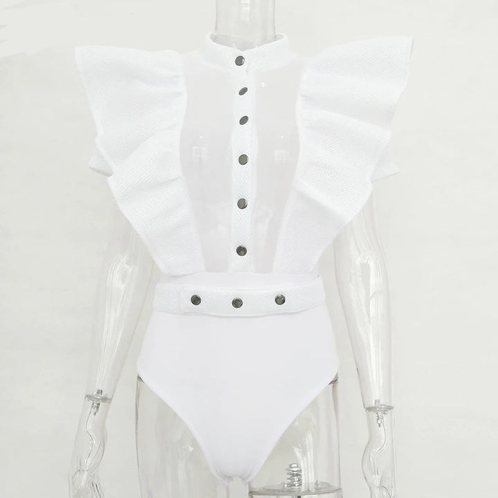 Drune | Freizeit schwarzes Rüschenschnitt Ausschnitt Kurzarm Frauen Bodysuit Top