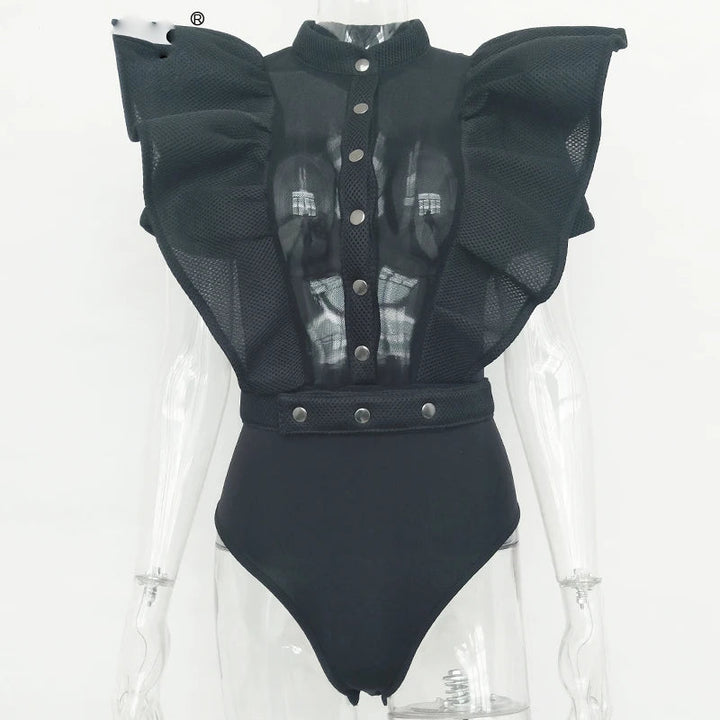 Drune | Freizeit schwarzes Rüschenschnitt Ausschnitt Kurzarm Frauen Bodysuit Top