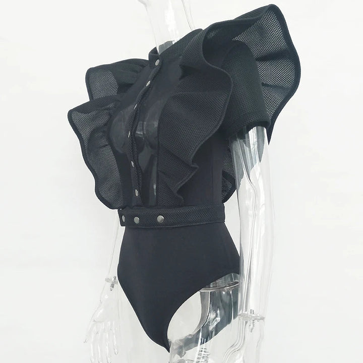 Drune | Freizeit schwarzes Rüschenschnitt Ausschnitt Kurzarm Frauen Bodysuit Top