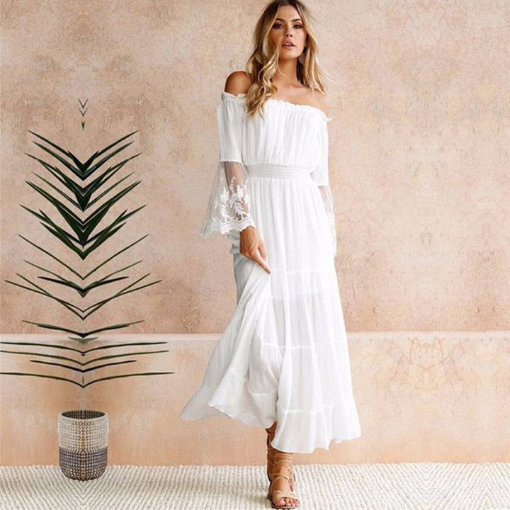 Drune | Schulterfreies Weißes Spitzen Sommerkleid