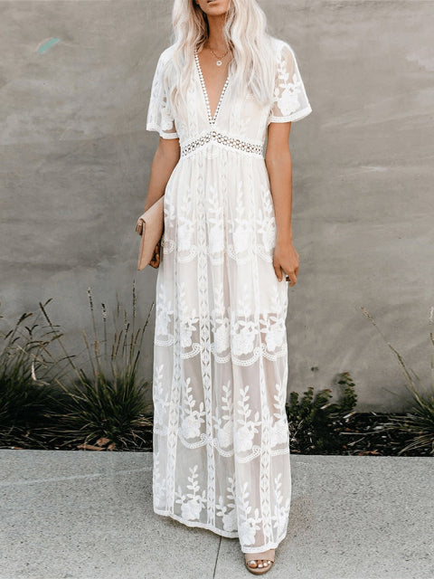 Drune | Maxikleid Aus Mesh Spitze Mit V-ausschnitt Sommer