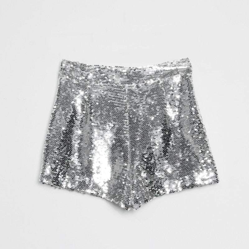 Drune | Pailletten Shorts Hohe Taille Oring Reißverschluss Front Bodycon