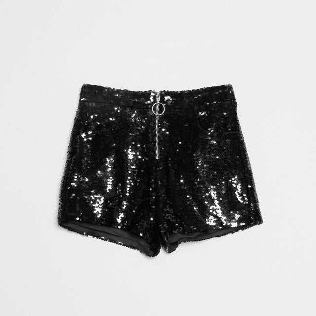 Drune | Pailletten Shorts Hohe Taille Oring Reißverschluss Front Bodycon