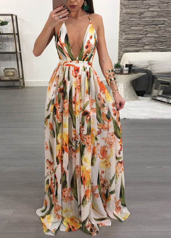 Drune | Frauen Maxi Chiffon Blumen Print Plunge V-Ausschnitt Offener Rücken