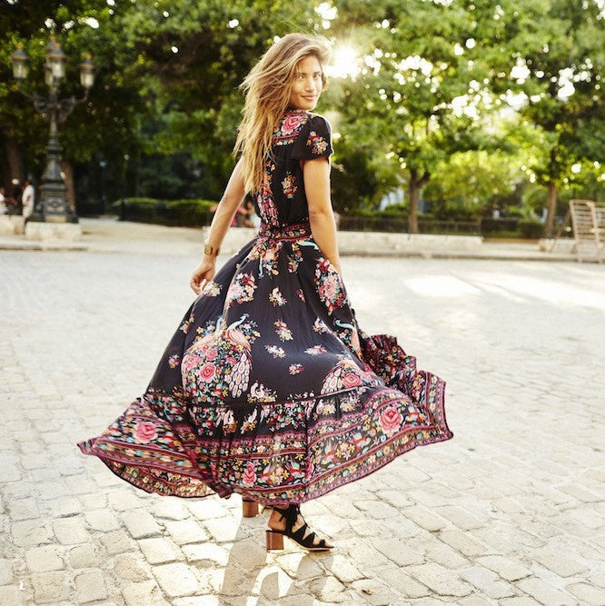 Drune | Kurzarm Plunging Ethnischer Druck Gypsy Kleid