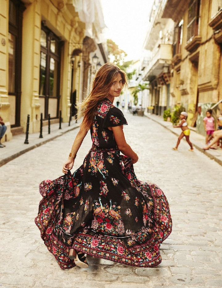 Drune | Kurzarm Plunging Ethnischer Druck Gypsy Kleid