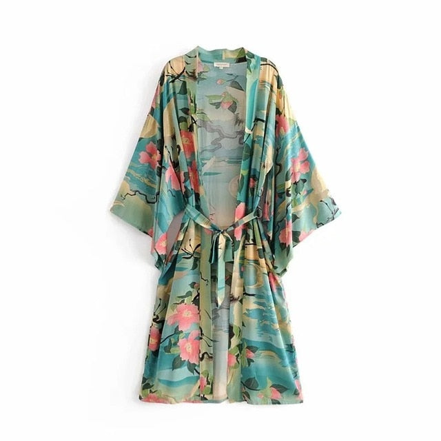 Drune | Grüner Blumenprint Kimono Strickjacke