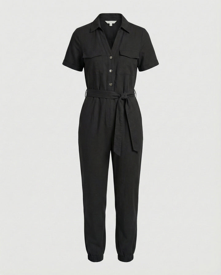 Damen lässiger Jumpsuit mit tailliertem Schnitt und durchgehender Knopfleiste Drune