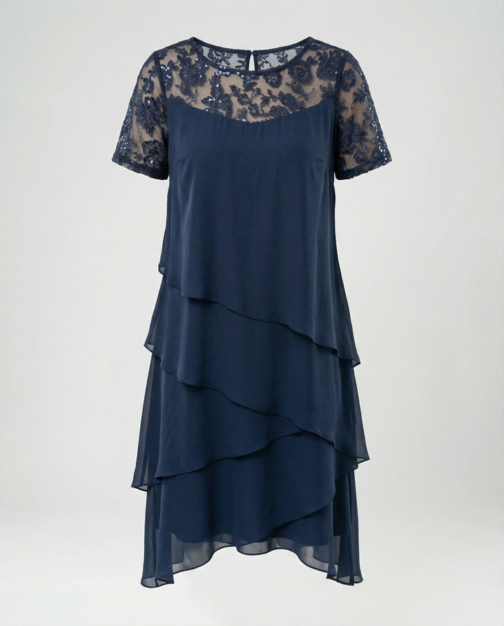 Damen Elegantes Schichtkleid mit Spitzenärmel und asymmetrischem Saum Drune