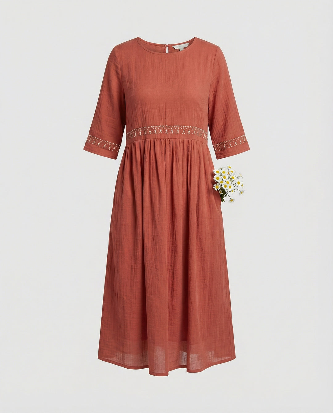 Drune - Damen Besticktes Baumwoll-Leinen Kleid, Luftig & Locker Geschnitten