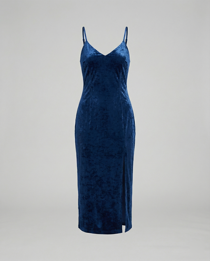Damen Samt-Midi-Kleid mit tiefem V-Ausschnitt und seitlichem Schlitz Drune