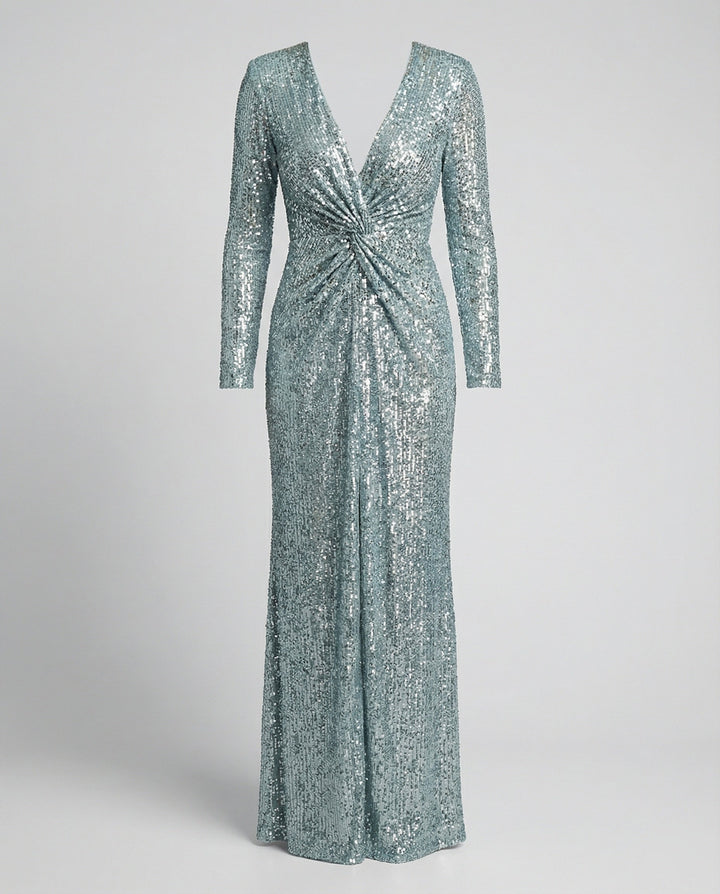 Drune | Give Em' Glam Paillettenkleid mit Langen Ärmeln und Gekreuztem Taillendetail Abend-Maxikleid