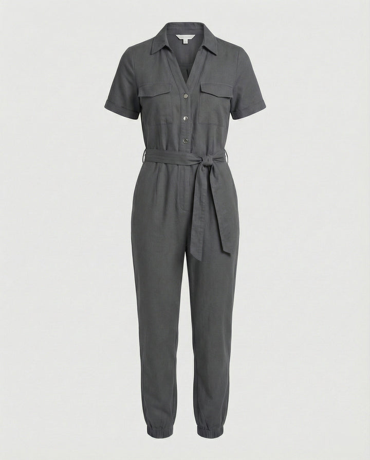 Damen lässiger Jumpsuit mit tailliertem Schnitt und durchgehender Knopfleiste Drune