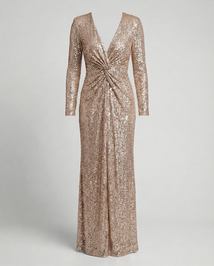 Drune | Give Em' Glam Paillettenkleid mit Langen Ärmeln und Gekreuztem Taillendetail Abend-Maxikleid