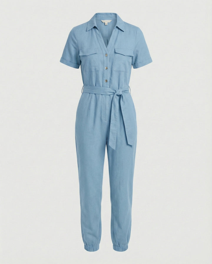 Damen lässiger Jumpsuit mit tailliertem Schnitt und durchgehender Knopfleiste Drune