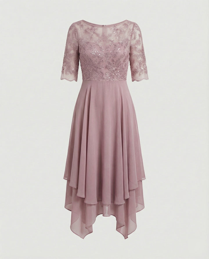 Drune - Damen Elegantes Spitze Chiffon Midikleid, Fließend & Feminin Geschnitten