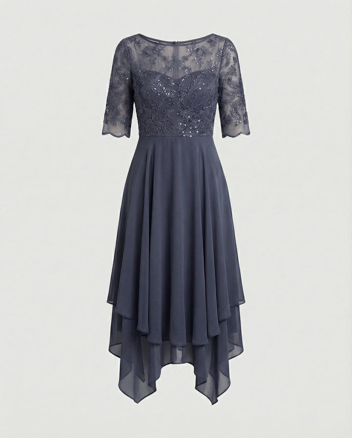 Drune - Damen Elegantes Spitze Chiffon Midikleid, Fließend & Feminin Geschnitten