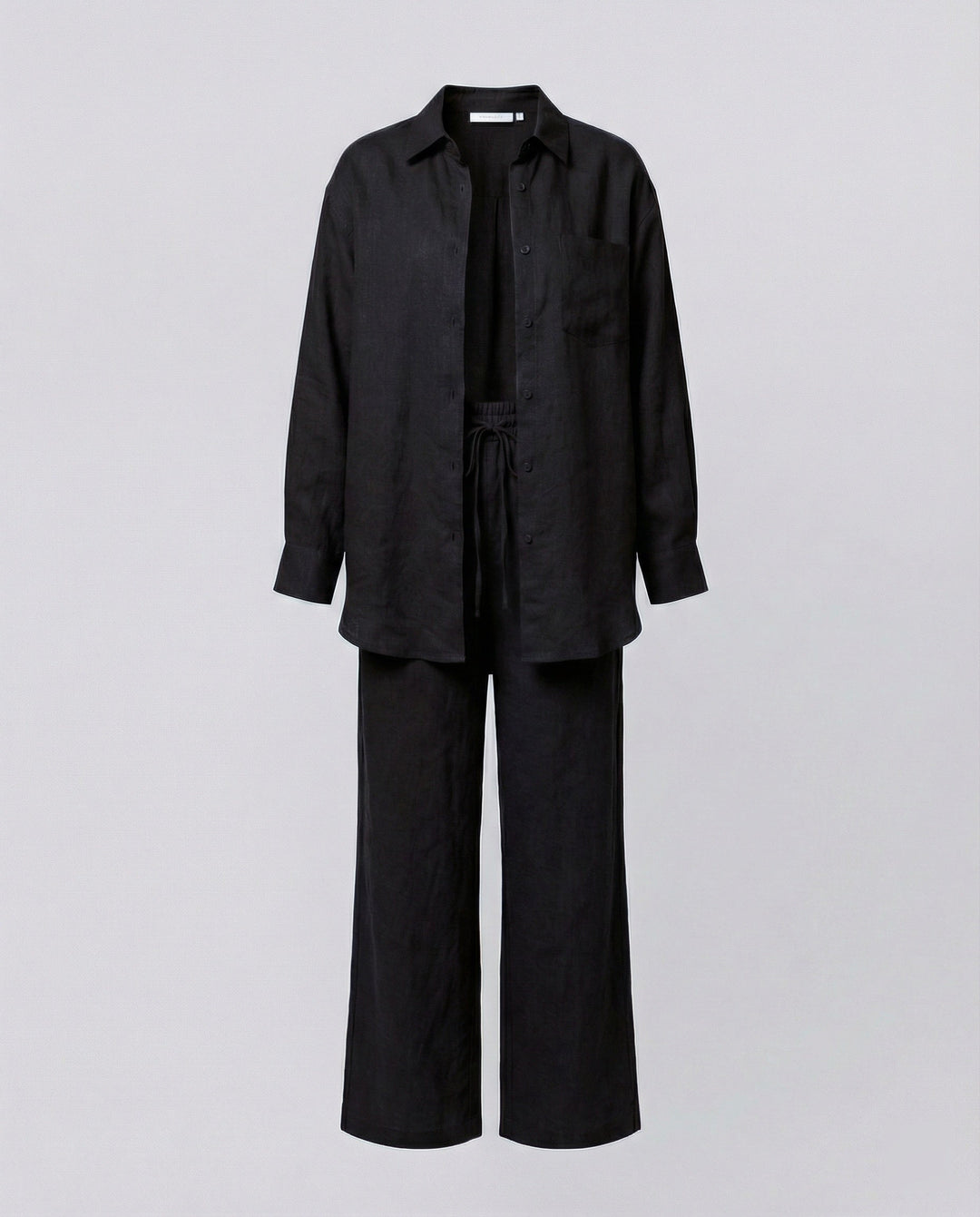 Damen Lässiges Leinen-Outfit mit weit geschnittenem Hemd und lockeren Hosen Drune
