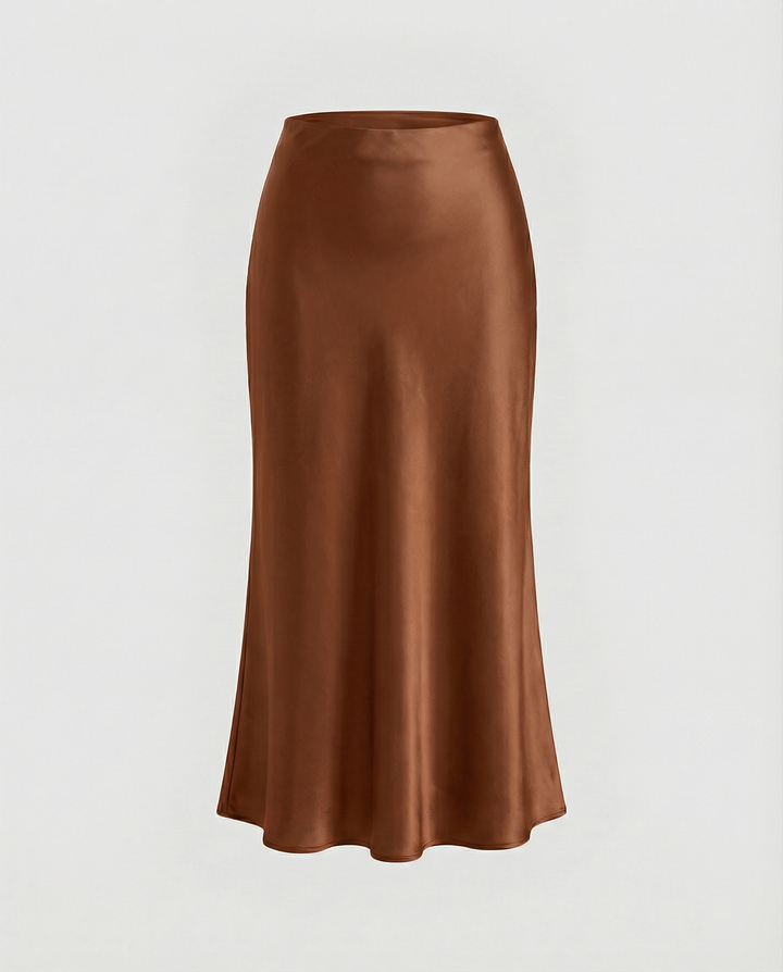 Damen eleganter Satin-Midirock mit fließendem Schnitt und hohem Bund Drune