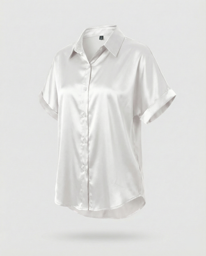 Damen Satin-Bluse mit großem Kragen und überschnittenen Schultern Drune