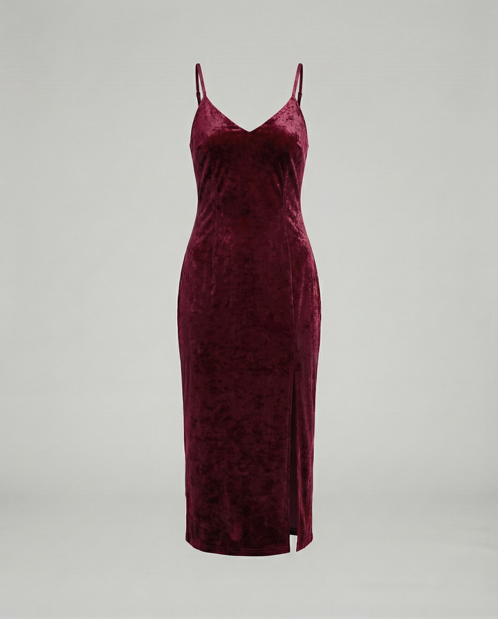Damen Samt-Midi-Kleid mit tiefem V-Ausschnitt und seitlichem Schlitz Drune