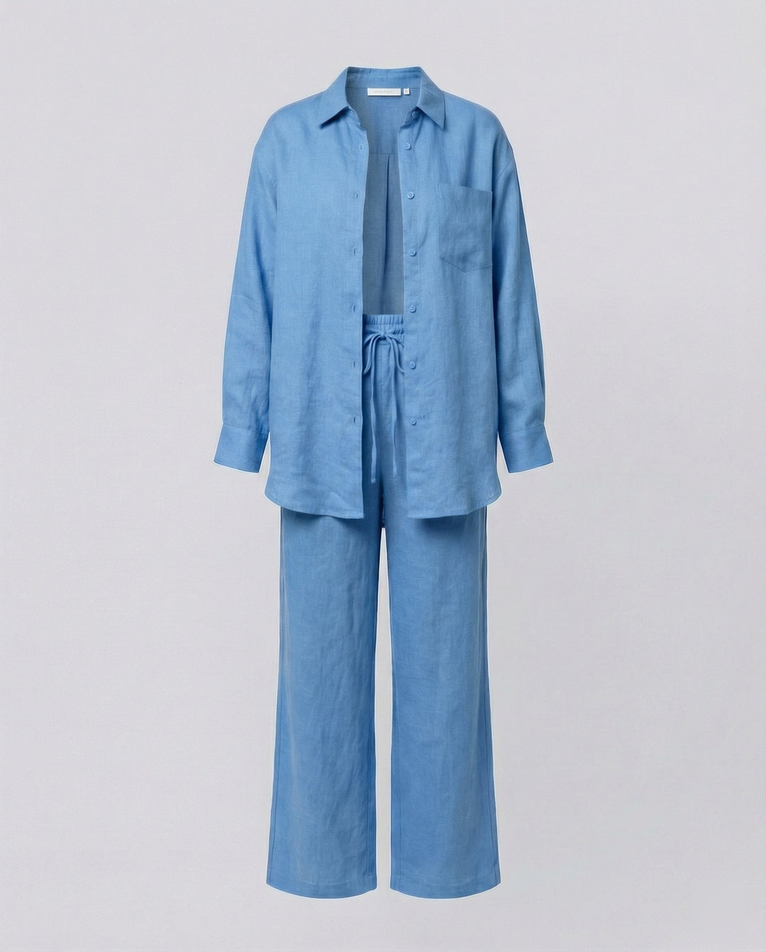 Damen Lässiges Leinen-Outfit mit weit geschnittenem Hemd und lockeren Hosen Drune