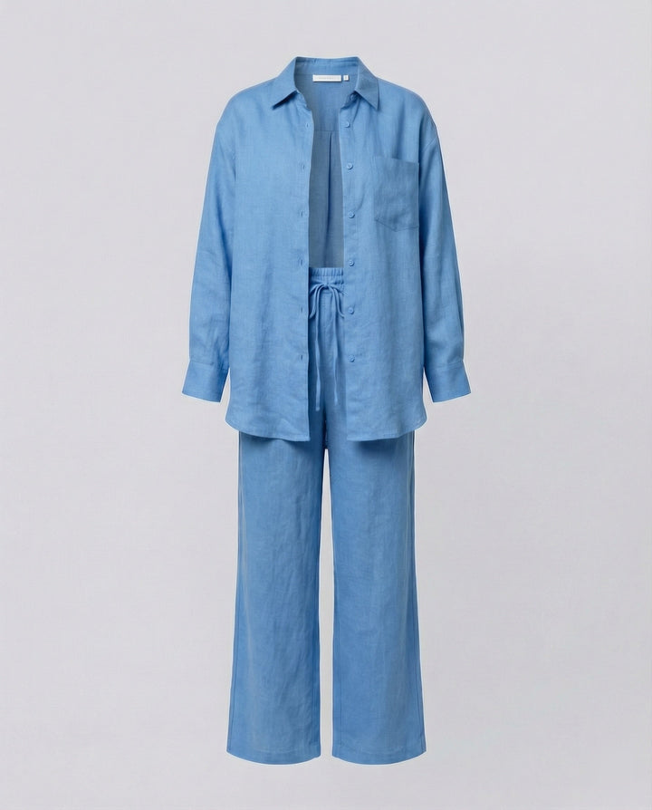 Damen Lässiges Leinen-Outfit mit weit geschnittenem Hemd und lockeren Hosen Drune