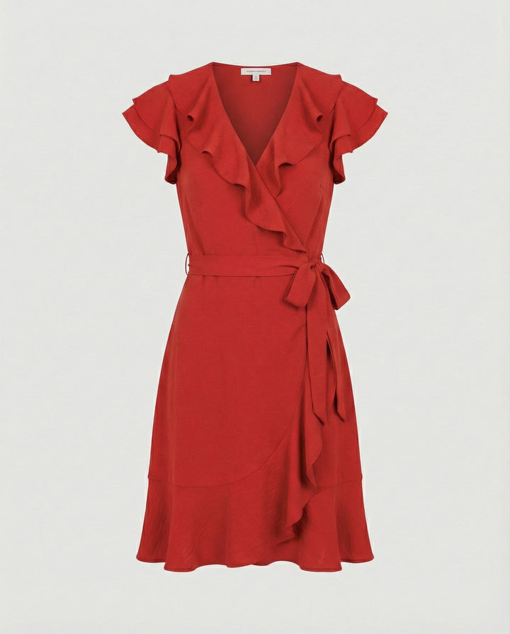 Damen Wickelkleid mit voluminösen Rüschendetails und Taillengürtel Drune