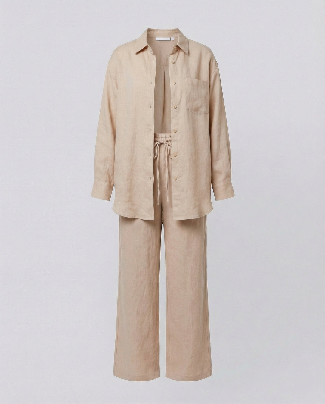 Damen Lässiges Leinen-Outfit mit weit geschnittenem Hemd und lockeren Hosen Drune