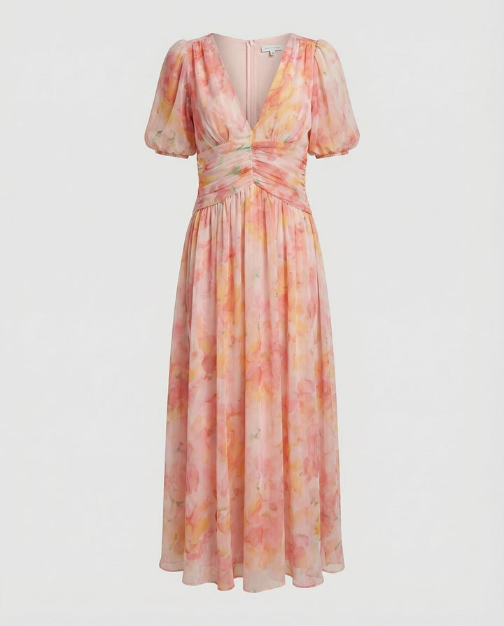 Damen Wickel-Maxikleid mit Puffärmeln