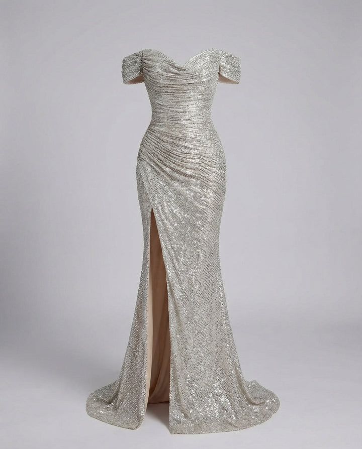 Glitzerndes Damen Abendkleid Schulterfreies Maxikleid mit Schlitz für Hochzeit & Fest | Drune