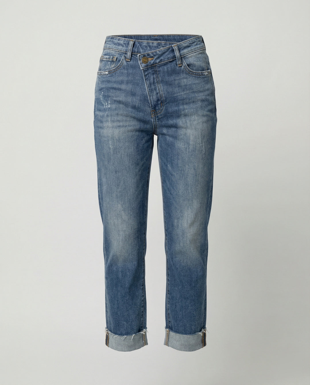 Drune - Damen Gewaschene Denim Hose, Hochbund mit Taillenzug