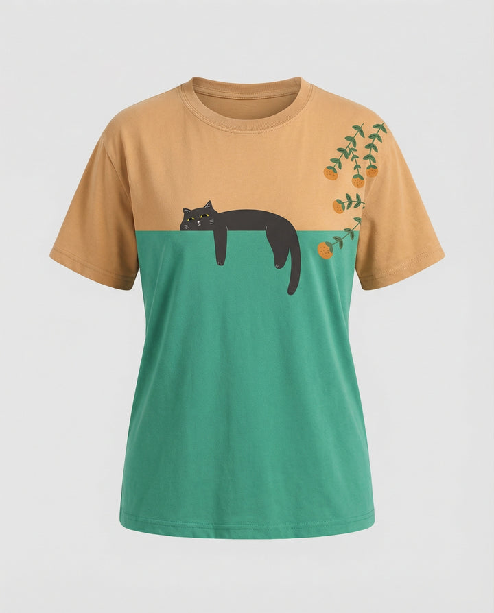 Drune - Damen Zweifarbiges Katzenmotiv T-Shirt Lockerer Schnitt