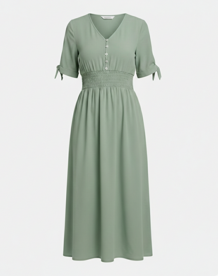 Damen Midikleid V-Ausschnitt mit Knopfleiste