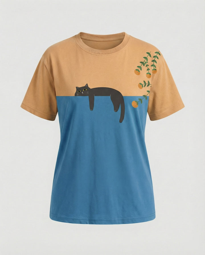 Drune - Damen Zweifarbiges Katzenmotiv T-Shirt Lockerer Schnitt
