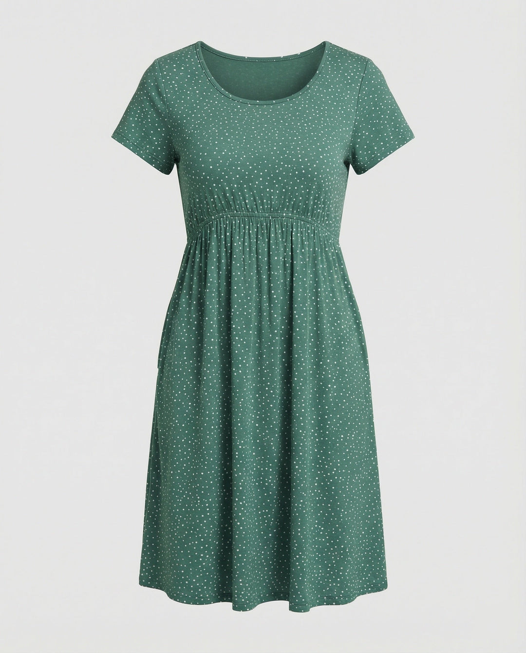 Damen Elegantes Grünes Midikleid mit Punktmuster & Kurzen Ärmeln | Drune