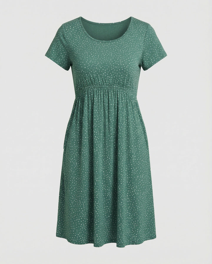 Damen Elegantes Grünes Midikleid mit Punktmuster & Kurzen Ärmeln | Drune