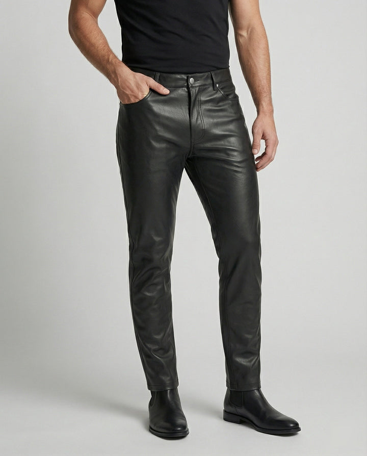 Herren Kunstleder Hose Slim Fit mit Taschen