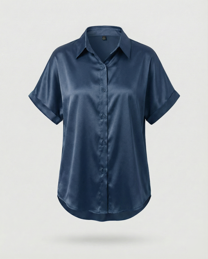 Damen Satin-Bluse mit großem Kragen und überschnittenen Schultern Drune