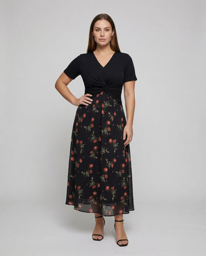 Damen Fließende Blumenrock Jersey-Mischung Knotenmaxikleid
