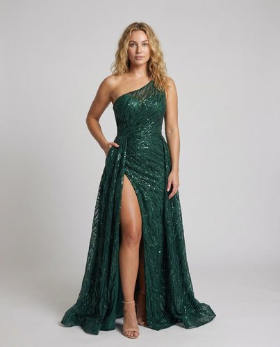 Damen Ein-Schulter Glitzerkleid Korsett-Optik Beinschlitz
